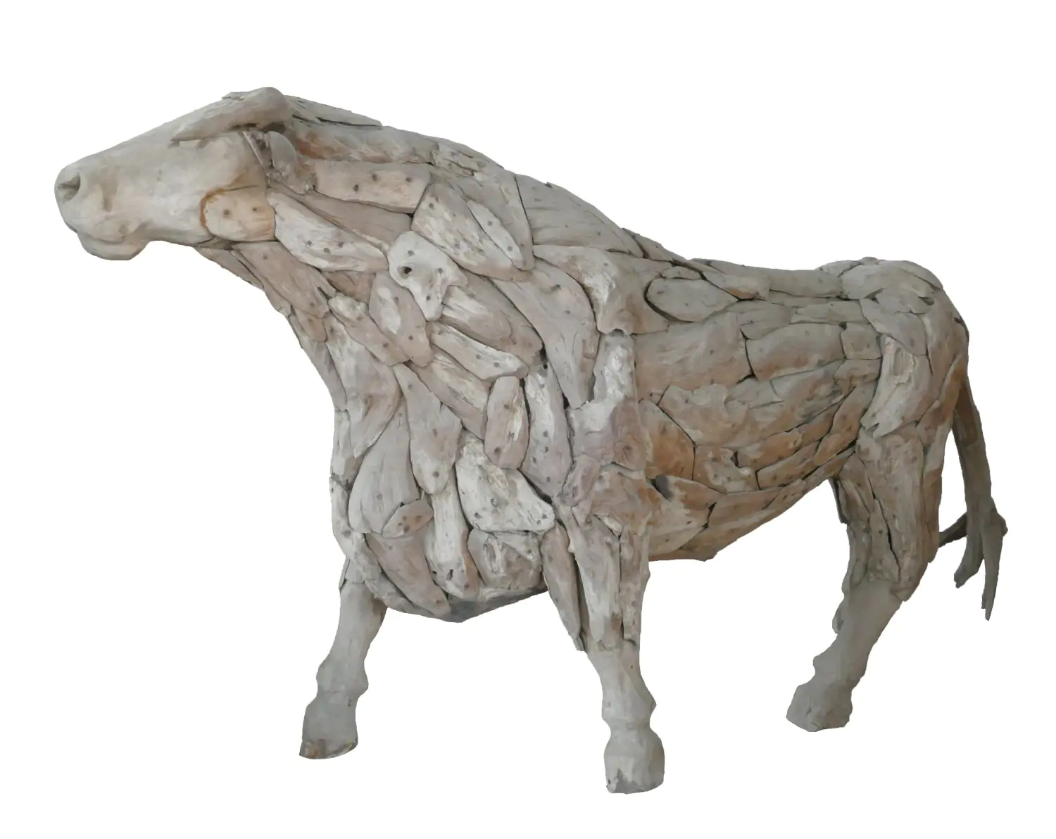  Product image 2 of the product “Standing Bull. Artistic made made from single teak wood pieces. The head is carved wood. The size is 255cm Length. ”